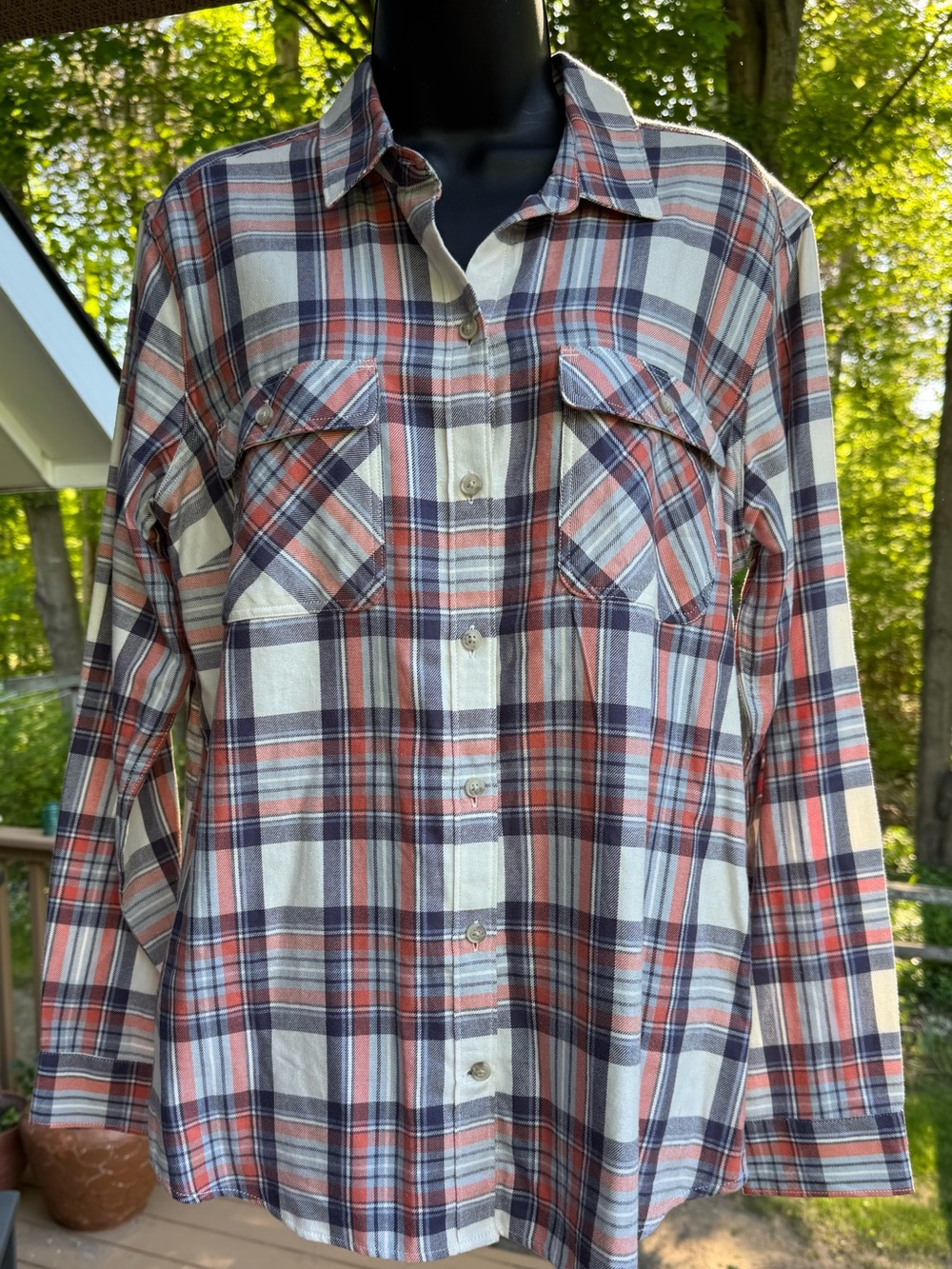 Eddie Bauer Red, Navy & Cream Plaid Button-Down Shirt